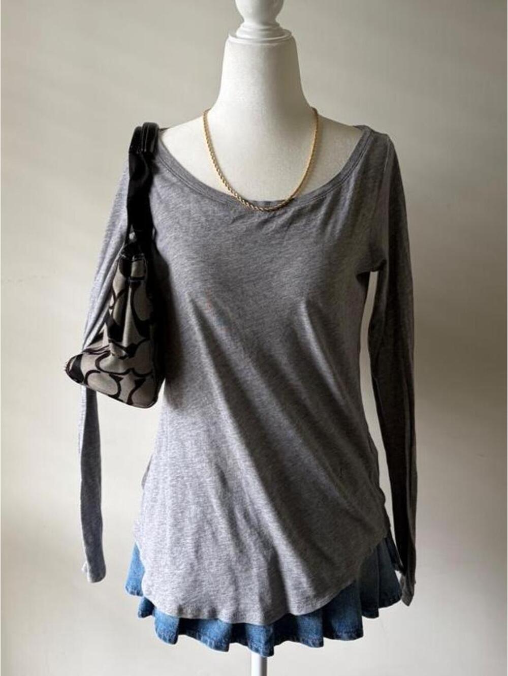 Y2K Polo Ralph Lauren Gray Off Shoulder Long Sleeve Top | Coquette Balletcore